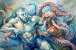 © Woonsen - A detailed watercolor artwork capturing the intensity and competitiveness of octopus wrestling, highlighting the dedication of those involved