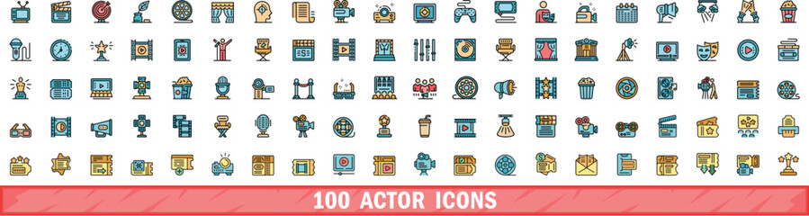 Poster - 100 actor icons set. Color line set of actor vector icons thin line color flat on white