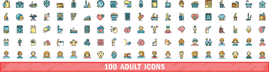 Poster - 100 adult icons set. color line set of adult vector icons thin line color flat on white