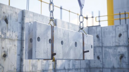 Poster - A 3D rendering showcasing a crane hook lifting a concrete panel on a white background, representing construction equipment in the building industry.