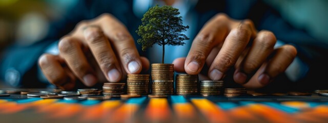 Sticker - Eco-Investment Growth: A person in business attire placing a small tree atop stacks of coins, representing eco-friendly investment growth.