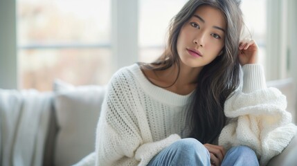 Portrait Of A Beautiful Asian Woman In A Cozy White Sweater Posing Indoors