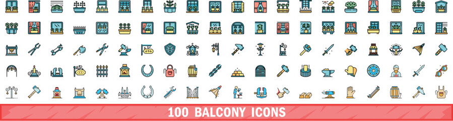 Canvas Print - 100 balcony icons set. Color line set of balcony vector icons thin line color flat on white