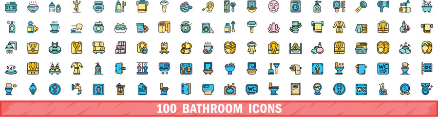 Poster - 100 bathroom icons set. Color line set of bathroom vector icons thin line color flat on white
