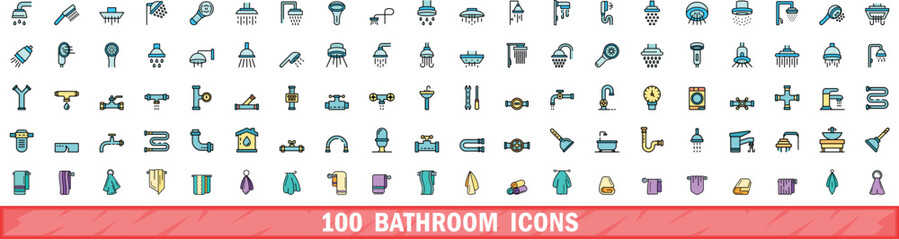Poster - 100 bathroom icons set. color line set of bathroom vector icons thin line color flat on white