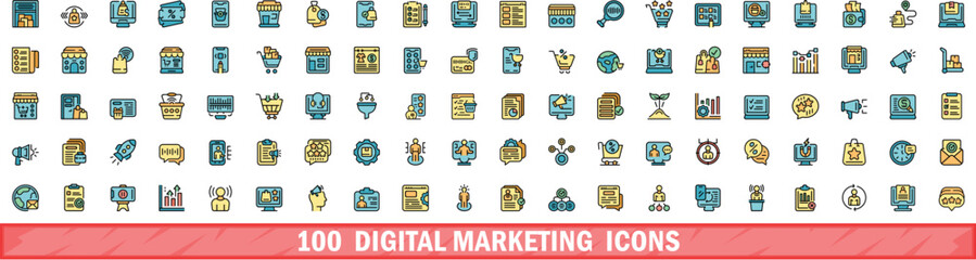 Poster - 100 digital marketing icons set. color line set of digital marketing vector icons thin line color fl