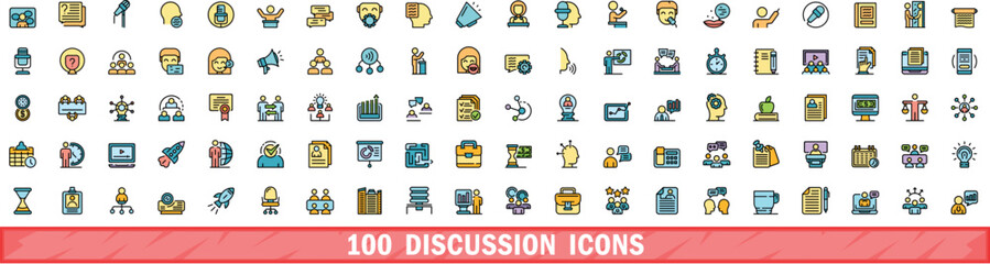 Poster - 100 discussion icons set. color line set of discussion vector icons thin line color flat on white