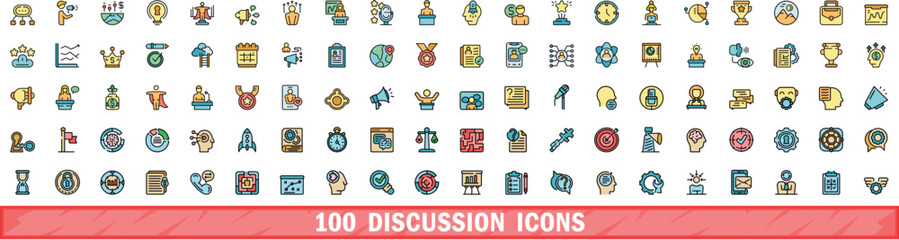 Poster - 100 discussion icons set. color line set of discussion vector icons thin line color flat on white