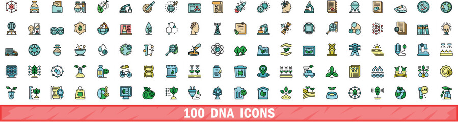 Wall Mural - 100 dna icons set. Color line set of dna vector icons thin line color flat on white