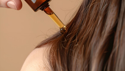 Wall Mural - Woman applying essential oil onto hair roots on beige background, closeup