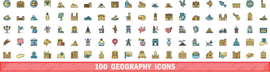 Poster - 100 geography icons set. color line set of geography vector icons thin line color flat on white