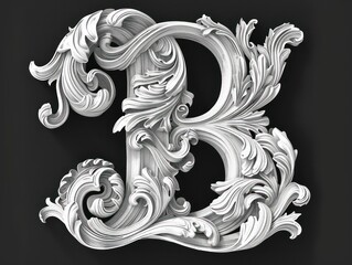 B letter, baroque sculptures scroll, black background