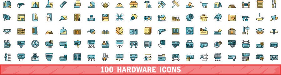 Poster - 100 hardware icons set. Color line set of hardware vector icons thin line color flat on white