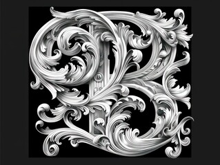 B letter, baroque sculptures scroll, black background