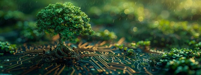 Nature and Technology: A digital circuit board merging with a tree.