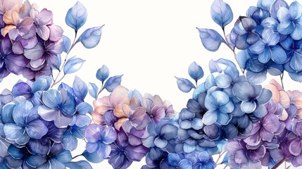 Aufkleber - Hydrangea, frame, card, watercolor, blue, purple, illustration, white, decorative border. Generative AI.