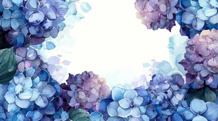Aufkleber - Hydrangea, frame, card, watercolor, blue, purple, illustration, white, decorative border. Generative AI.