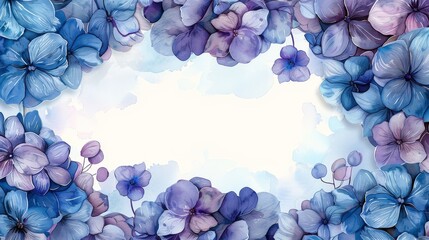 Poster - Hydrangea, frame, card, watercolor, blue, purple, illustration, white, decorative border. Generative AI.