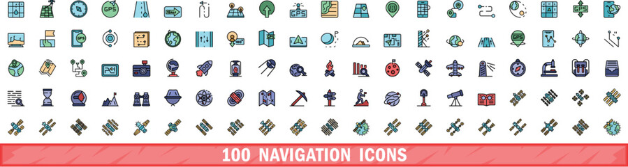 Poster - 100 navigation icons set. Color line set of navigation vector icons thin line color flat on white