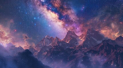Wall Mural - Violet cosmic expanse above mountain background