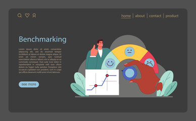 Poster - Benchmarking concept. An expert optimizes performance metrics using customer satisfaction.