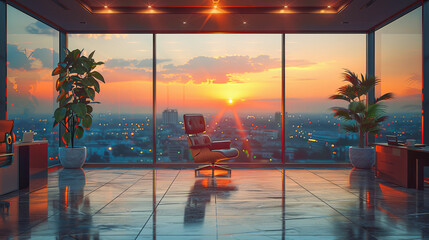 Poster - 3d rendering of modern office interior with panoramic city view