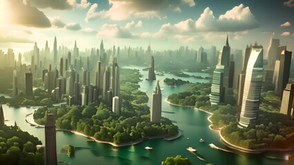 Poster - futuristic city with green trees and river generative ai