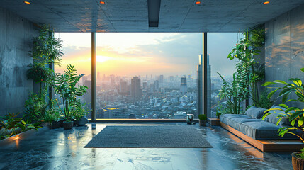 Wall Mural - Modern living room interior with panoramic window and city view. 3D rendering