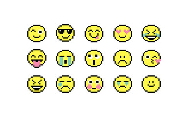 Fototapete - Various smile character shape pixel icons vector illustration. White background. Emoticon. Cute faces pack.  Pixel art style icons set.