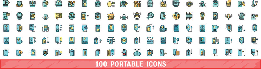 Poster - 100 portable icons set. Color line set of portable vector icons thin line color flat on white