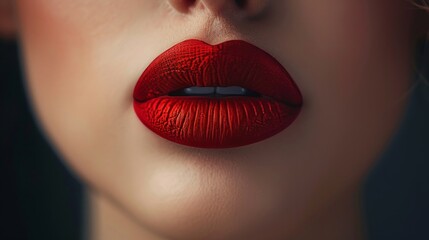 The voluptuous lips of a woman Accessorize with glossy red lipstick. The bright red color stands out. With a plastic shine that adds a unique and enchanting quality to the image.