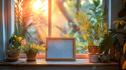 Poster - Window with a picture frame and plants on the windowsill at sunset