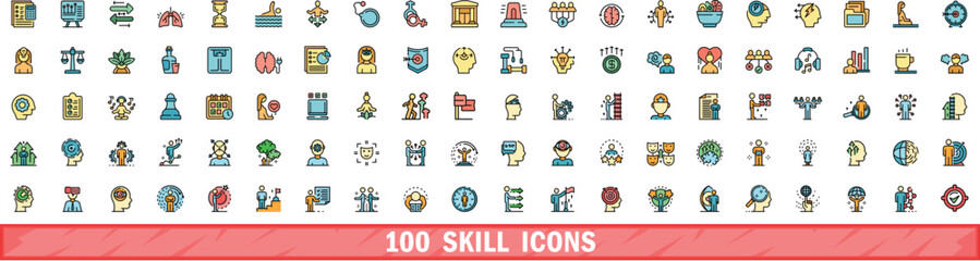 Poster - 100 skill icons set. color line set of skill vector icons thin line color flat on white