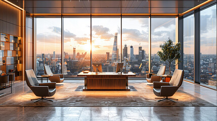 Poster - Luxury office interior with panoramic city view. 3D Rendering