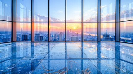Wall Mural - empty marble floor and cityscape of hangzhou at sunrise,China.