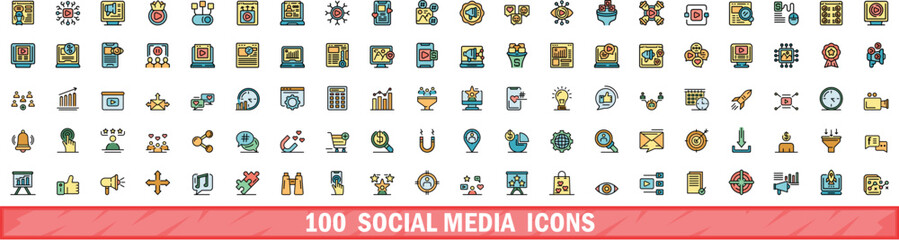 Poster - 100 social media icons set. Color line set of social media vector icons thin line color flat on white