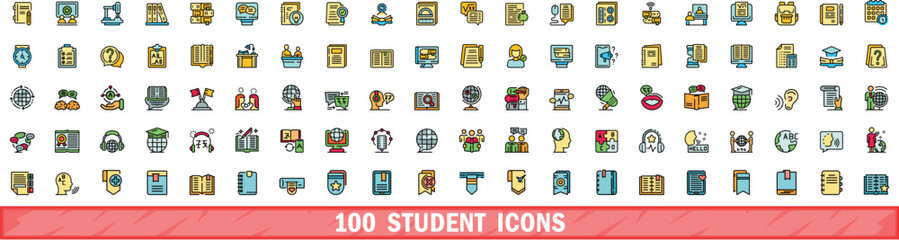Poster - 100 student icons set. Color line set of student vector icons thin line color flat on white