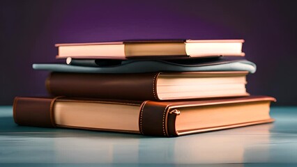 Poster - Stack of Books on Table Against Purple Background Generative AI