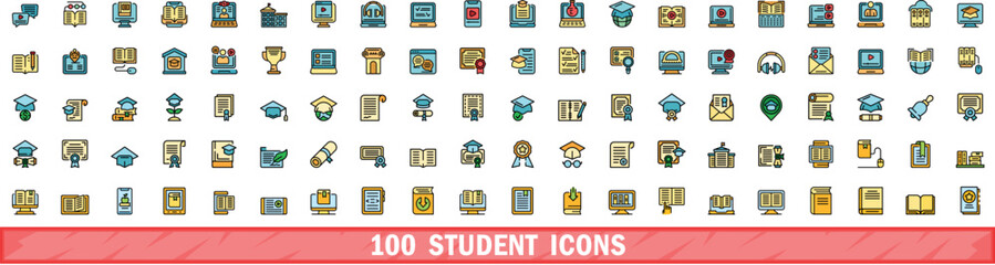 Poster - 100 student icons set. Color line set of student vector icons thin line color flat on white