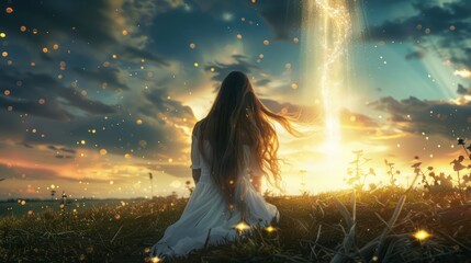 meditating woman against the background of energy flow.