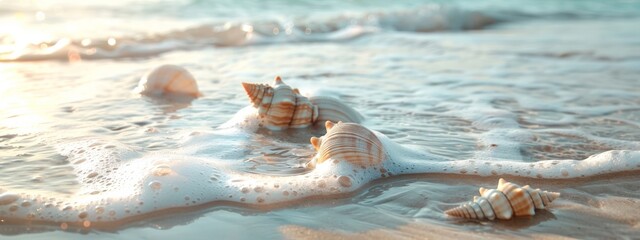 Wall Mural - A calming, seashore background with gentle waves and seashells.