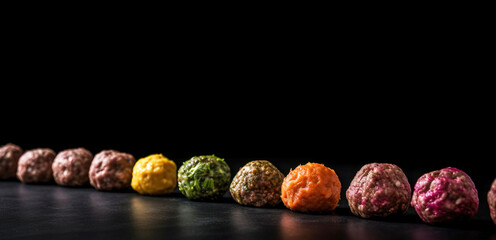Wall Mural - Various raw meat fresh meatballs in a row, culinary ingredient, black background isolate. AI generated.