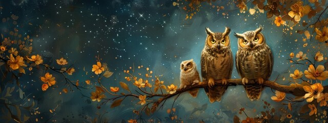 Wall Mural - A charming illustration of a family of owls perched on a tree branch under a starry sky.