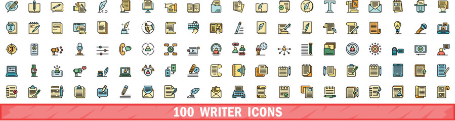 Poster - 100 writer icons set. Color line set of writer vector icons thin line color flat on white