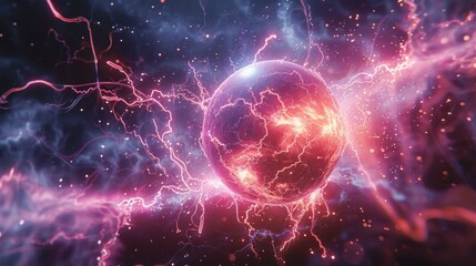 Poster - A scene of a plasma ball, with a background of particles of light and electricity. Generative AI.
