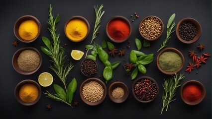 'selection spices herbs greens rosemary basil lemon olive oil pepper top view black background food fresh spice greener herb herbal ingredient italian kitchen up high blackboard bowl concrete cooking'