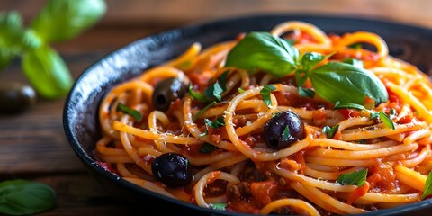 Wall Mural - Italian Spaghetti Bolognese with Olives: A Delicious Dish on a Wooden Table. Concept Italian Cuisine, Spaghetti Bolognese, Olives, Wooden Table Setting, Delicious Dish