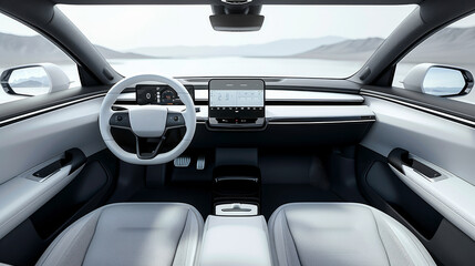 Poster - The interior of the car is designed, cleanly, with a large screen in the center of the dashboard, a simple round steering wheel and a low back seat made of light gray fabric. Generative AI.