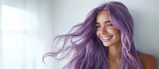 Wall Mural - A beautiful caucasian woman showcasing long, smooth, and shiny purple hair, advertising for hair dye products, hair care, white solid color background, copy space.