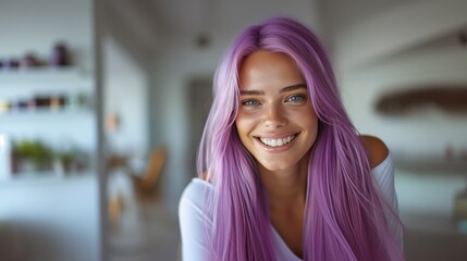 Wall Mural - A beautiful caucasian woman showcasing long, smooth, and shiny purple hair, advertising for hair dye products, hair care, copy space
